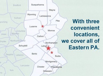 Eastern, PA Map, with 3 branch locations for Hannabery HVAC.